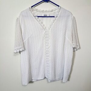 Belinda Large Swiss Dot Lace Trim V-Neck Puff Sleeve Blouse White Romantic